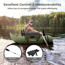 Load image into Gallery viewer, Goplus Inflatable Float Tube, Fishing Belly Boat w/Paddle, Flippers, Fish Ruler, Pump, Storage Bag, Adjustable Straps, 350LBS Load Capacity (Green, W/Rod Holder)