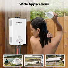 Load image into Gallery viewer, CAMPLUX Propane Water Heater, 2.11GPM Portable Water Heater for Camping, 55,000 BTU Portable Hot Water Heater Outdoor, BW211, White