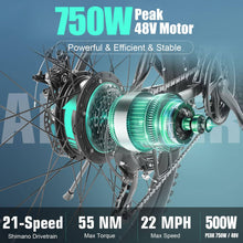 Load image into Gallery viewer, Electric Bike for Adults, Peak 750W Ebike, 3H Fast Charge, 55 Miles, 22MPH Electric Bicycle, 48V 499Wh Battery