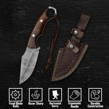 Load image into Gallery viewer, BISONBROS Damascus Hunting Knife 10 Inch – Fixed Blade Full Tang Knife with Leather Sheath – 288 Layer 1095 & 15N20 High Carbon Steel – Rosewood Handle Bushcraft Knife for Camping