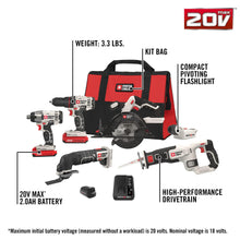 Load image into Gallery viewer, PORTER-CABLE 20V MAX* 6 Tools Combo Kit Cordless Drill Set, Impact Driver, Circular Saw, Reciprocating Saw, Oscillating Tool, Cutting Blade, Flashlight and USB Charger (PCCK617L6)