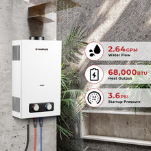 Load image into Gallery viewer, CAMPLUX Portable Propane Water Heater 2.64 GPM, Camping Water Heater with 3.3 GPM Water Pump Kit & Pipe Strainer, 68,000 BTU, BD264P120