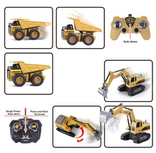 Load image into Gallery viewer, 2 PCS Remote Control Construction Vehicle Toy Set, Friction-Powered RC Excavator & RC Dump Truck with Lights and Sounds