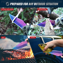 Load image into Gallery viewer, Premium Hunting Knife with Leather Sheath, 4.2" Damascus Style Fixed Blade Knife, Rainbow Titanium Coated German High Carbon Steel, Two-Tone Wood Handle,Unique Outdoor EDC Knife Gift for Men and Women (Dazzling colors) (New Dazzling Colors)