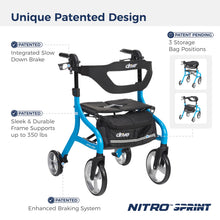 Load image into Gallery viewer, Drive Medical Nitro Sprint Foldable Rollator Walker with Seat - Lightweight Support - Large Wheels - Compact Folding Design - Adjustable Comfort - Standard Size - Blue