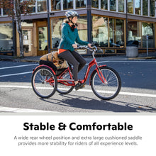 Load image into Gallery viewer, Meridian Deluxe Adult Tricycle Bike, Men and Women Three Wheel Beach Cruiser, 26-Inch Wheels, Red