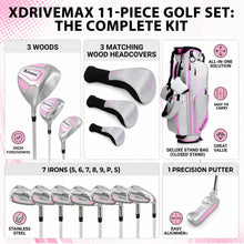 Load image into Gallery viewer, XDriveMax Women's Complete Golf Clubs Set (11-Piece Package), Right Handed, Lightweight Graphite Shafts, 460cc Driver, 3 Wood, Hybrid, 5-9 Iron+PW+SW, Putter, Stand Bag - Silver & Pink