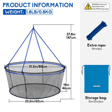 Load image into Gallery viewer, QualyQualy Foldable Fishing Net, Landing Fishing Pier Nets, Drop Net for Pulling Up Fish with Rope, Portable Bridge Fishing Net for Minnows, Crawfish, Shrimp, Top Dia. 31.5"