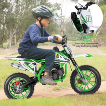 Load image into Gallery viewer, 49cc Kids Dirt Bike, 2 Stroke Motorcycle with Off-Road Tires, Dual Disc Brakes, Shock Absorbers, Soft Seat Cushion, Gas Power, Green