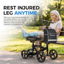 Load image into Gallery viewer, BlessReach Steerable Knee Walker Deluxe Medical Scooter for Foot Injuries Compact Crutches, with Dual Rear on-Wheel Brake and Shock Absorption Under The Knee pad, Black