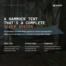 Load image into Gallery viewer, Haven Tents Lay Flat Hammock Tent - Waterproof Camping Hammock with Mosquito Net, Insulated Pad and Rainfly - Haven Tent, Haven XL, Haven Safari (Black, Spectre - 80"x30")