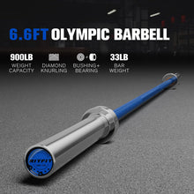 Load image into Gallery viewer, RitFit Elite 6.6ft Olympic Barbell, Robust 45lb Barbell for Weightlifting and Powerlifting, Superior Olympic Bar with Exceptional 900lbs Load Capacity, Weight Bar for 2” Standard Plates Sliver/Blue