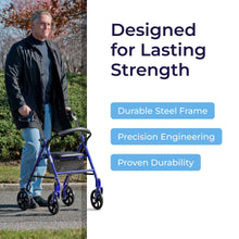 Load image into Gallery viewer, Drive Medical Rollator Walker with Seat - Stable Mobility Support - Height Adjustable - Durable Steel Frame Construction - Smooth 7.5" Wheels - Foldable - 350 Lb Limit - Blue