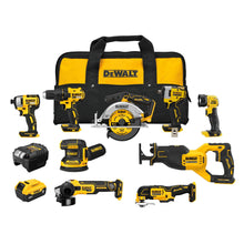 Load image into Gallery viewer, DEWALT 20V MAX 5Ah, Brushless 9 Power Tools with Battery, Charger, Drill, Impact Driver, Reciprocating Saw, Circular Saw, Oscillating Tool, Grinder, Orbit Sander, Impact Wrench, Flashlight (DCK921P1)