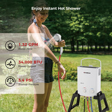 Load image into Gallery viewer, CAMPLUX Outdoor Portable Propane Caming Water Heater 1.32 GPM with Pump Pack Kits, Freestanding Stand & Carry Bag, AY132Max, White