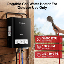 Load image into Gallery viewer, Propane Tankless Water Heater, 5L 1.32 GPM Outdoor Portable Gas Instant Hot Water Heater with Digital Display Overheating Protection, for Camping Barn Cabin RV Black