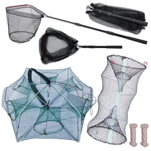 Load image into Gallery viewer, 3 Pcs Foldable Fishing Net Accessories for Crab Crayfish Shrimp:Fishing Landing Net with Telescoping Pole Handle, Collapsible Crab Trap Hexagon and 2 Ropes