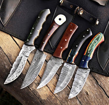 Load image into Gallery viewer, Set Of 5 Hunting Knives, Full Tang Damascus Steel Fixed Blade, Wood & Micarta Handle, Combat Knife With Leather Sheath For Bushcraft, Hiking, Camping By Empire Industry
