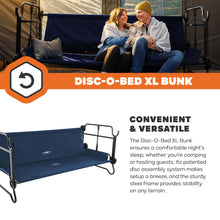 Load image into Gallery viewer, Disc-O-Bed Extra Large Portable Bunk Camping Cots with Carry Bags - Heavy-Duty Indoor or Outdoor Sleeping System, Converts to Bench or Separate Beds, 500 lb Weight Capacity Per Cot, Navy