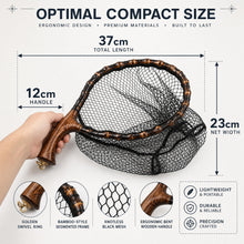 Load image into Gallery viewer, Premium Handcrafted Fly Fishing Net with Natural Bamboo Frame, Rubber Hex Mesh, Brass Lanyard Ring, Trout Stream Size