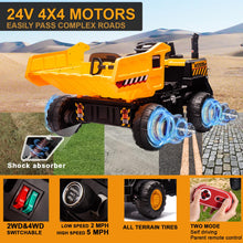 Load image into Gallery viewer, 24V Ride On Dump Truck, 24inch-2 Seater Ride On Car for Kids w/Remote Control 4WD/2WD Up to 5 Mph, 24v Ride on Toys (Yellow)