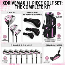 Load image into Gallery viewer, XDriveMax Women's Complete Golf Clubs Set (11-Piece Package), Right Handed, Lightweight Graphite Shafts, 460cc Driver, 3 Wood, Hybrid, 5-9 Iron+PW+SW, Putter, Stand Bag - Black & Pink