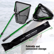 Load image into Gallery viewer, Fiblink Folding Aluminum Fishing Landing Net Fish Net with Extending Telescoping Pole Handle (Green:59-118 inches-(Extend Length))