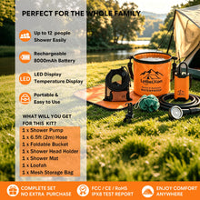Load image into Gallery viewer, LeBeiXon 7-Piece Camping Shower Kit with Shower Pump, Foldable Bucket, 6.5ft (2m) Hose, 180° Adjustable Metal Hook, Shower mat, loofah, and mesh Storage Bag.