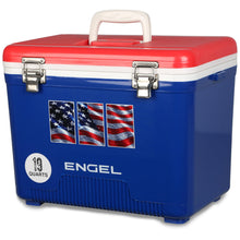 Load image into Gallery viewer, Engel UC19-RWB 19 Quart Fishing Live Bait Dry Box Ice Cooler with Stain/Odor-Resistant Surface and Shoulder Strap, USE Red, White and Blue with American Flag