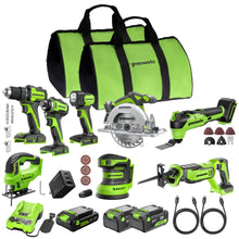 Load image into Gallery viewer, Greenworks 24V (8-TOOL) Combo (Drill+ Impact Driver+Circular Saw+Reciprocating Saw+Jigsaw+Multi-Tool+Sander+Flashlight, 4.0Ah + (2)2.0Ah (Power Bank) Batteries, (2) Cables, 65W & 2A Rapid Charger