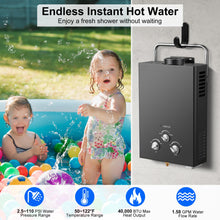 Load image into Gallery viewer, Outdoor Tankless Propane Water Heater 1.58GPM 6L Portable Gas Water Heater with Handle & Overheating Protection, Instant Hot Water for Camping RV Cabin Boat Barn - Black