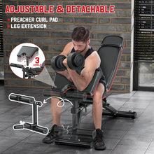 Load image into Gallery viewer, XDDIAS Workout Bench, Adjustable Weight Bench with Leg Extension and Leg Curl, Extended Headrest, 900LBS Preacher Curl Bench Incline Decline Flat Workout Bench with A Pair of 55LB Adjustable Dumbbells