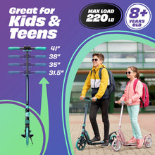 Load image into Gallery viewer, Kick Scooter for Kids Ages 6-12 - Large Sturdy Wheels, Anti-Shock Suspension with Adjustable Handlebar Up to 41" High for Kids, Teens & Adult, Max Load 220 Lbs