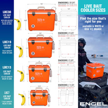 Load image into Gallery viewer, Engel 19qt Live Bait Cooler Box with 2nd Gen 2-Speed Aerator Pump - Portable Fishing Station & Minnow Bucket for Shrimp & Other Live Fish with Aerator - ENGLBC19-N-OHV in Orange High-Visibility
