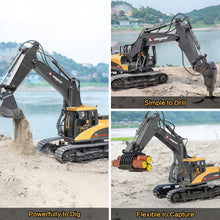 Load image into Gallery viewer, 3 in 1 Remote Control Excavator Toy 1/14 Scale RC Excavator, 15 Channel Upgrade Full Functional Construction Vehicle (Yellow/Black)
