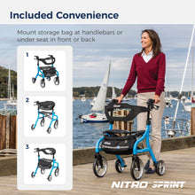 Load image into Gallery viewer, Drive Medical Nitro Sprint Foldable Rollator Walker with Seat - Lightweight Support - Large Wheels - Compact Folding Design - Adjustable Comfort - Standard Size - Blue