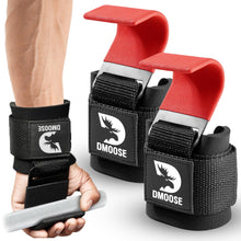 Load image into Gallery viewer, DMoose Fitness Weight Lifting Hooks (Pair) for Deadlifts, Pull Ups, Rows & Shrugs - (Red)