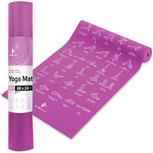 Load image into Gallery viewer, NewMe Fitness Yoga Mat for Women and Men - Large, 5mm Thick, 68 Inch Long, Non Slip Exercise Mats w/ 70 Printed Yoga Poses for Pilates, Workout and Stretching - Home and Gym Essentials - Purple