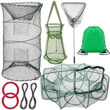 Load image into Gallery viewer, JaGely 5 Pcs Fishing Net Accessories Include Fishing Landing Net with Handle, 26in x 13in Portable Folded Cast Net, 8 Holes 8 Sides Collapsible Fishing Bait Trap, Fishing Keep Net, Drawstring Bag