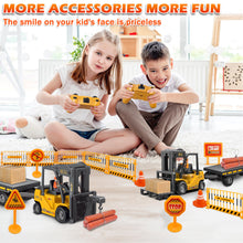 Load image into Gallery viewer, RC Forklift Toy with Trailer, Kids Forklift Construction Toys Set with Flatbed Truck & Crane Toy Hook, 2 Battery/Spray/Light