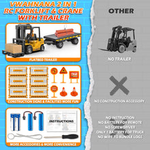 Load image into Gallery viewer, RC Forklift Toy with Trailer, Kids Forklift Construction Toys Set with Flatbed Truck & Crane Toy Hook, 2 Battery/Spray/Light