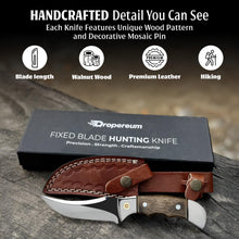 Load image into Gallery viewer, 9 Inch Fixed Blade Hunting Knife with Leather Sheath, Full Tang Skinning Knife with Walnut Wood Handle, Razor Sharp Stainless Steel Bushcraft Knife for Camping, Survival & Outdoor Hunting Gear