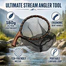 Load image into Gallery viewer, Premium Handcrafted Fly Fishing Net with Natural Bamboo Frame, Rubber Hex Mesh, Brass Lanyard Ring, Trout Stream Size