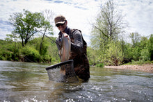 Load image into Gallery viewer, Frabill Floating Trout Net, 13" x 18", Black Finish, Fish Landing Net, Tangle-Free Micromesh Netting is Gentle on Fish, Comfortable Handle with Built-in Lanyard and Carabiner