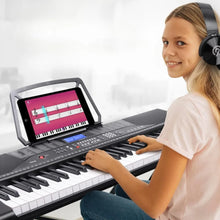 Load image into Gallery viewer, 61 Keys 2 in 1 Play and Sing Along Portable Electronic Piano Keyboard with Sustain Pedal, Headset, Weatherproof Bag, Stool