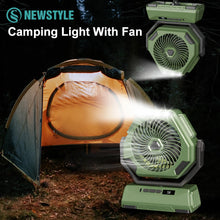 Load image into Gallery viewer, Rechargeable Camping Light With Fan, 6000mAh Outdoor Camping Tent Lantern, Portable Lighting With Shaking Fan for Picnic Travel