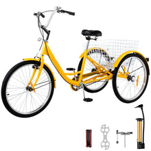 Load image into Gallery viewer, 1-Speed 3 Wheel Adult Tricycle 24'' Yellow Trike Bicycle Bike with Large Basket for Riding Front V-brake