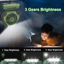 Load image into Gallery viewer, Rechargeable Camping Light With Fan, 6000mAh Outdoor Camping Tent Lantern, Portable Lighting With Shaking Fan for Picnic Travel
