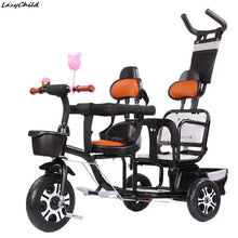 Load image into Gallery viewer, Children's Tricycles Take People Twins Bicycles Twin Strollers Baby Strollers Double Seat Titanium Hollow Wheel With Guardrails