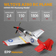 Load image into Gallery viewer, WLtoys XK A280 RC plane,P51 Mustang 4-CH RC Airplane with Lights,6G/3D Brushless Remote Control Airplane,Suitable for adults
